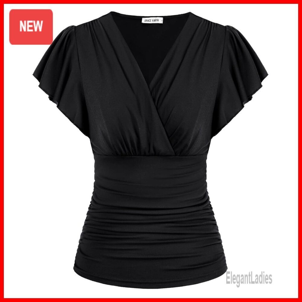 Slim Fit Wrap Blouse with Ruffle Sleeves, V-Neck, Ruched Waist, Summer Top